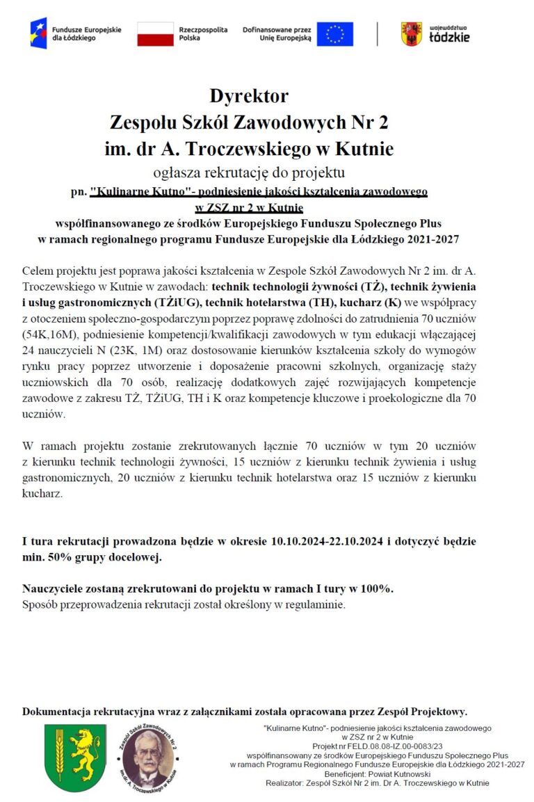 Read more about the article Rekrutacja do projektu pn. „Kulinarne Kutno…”